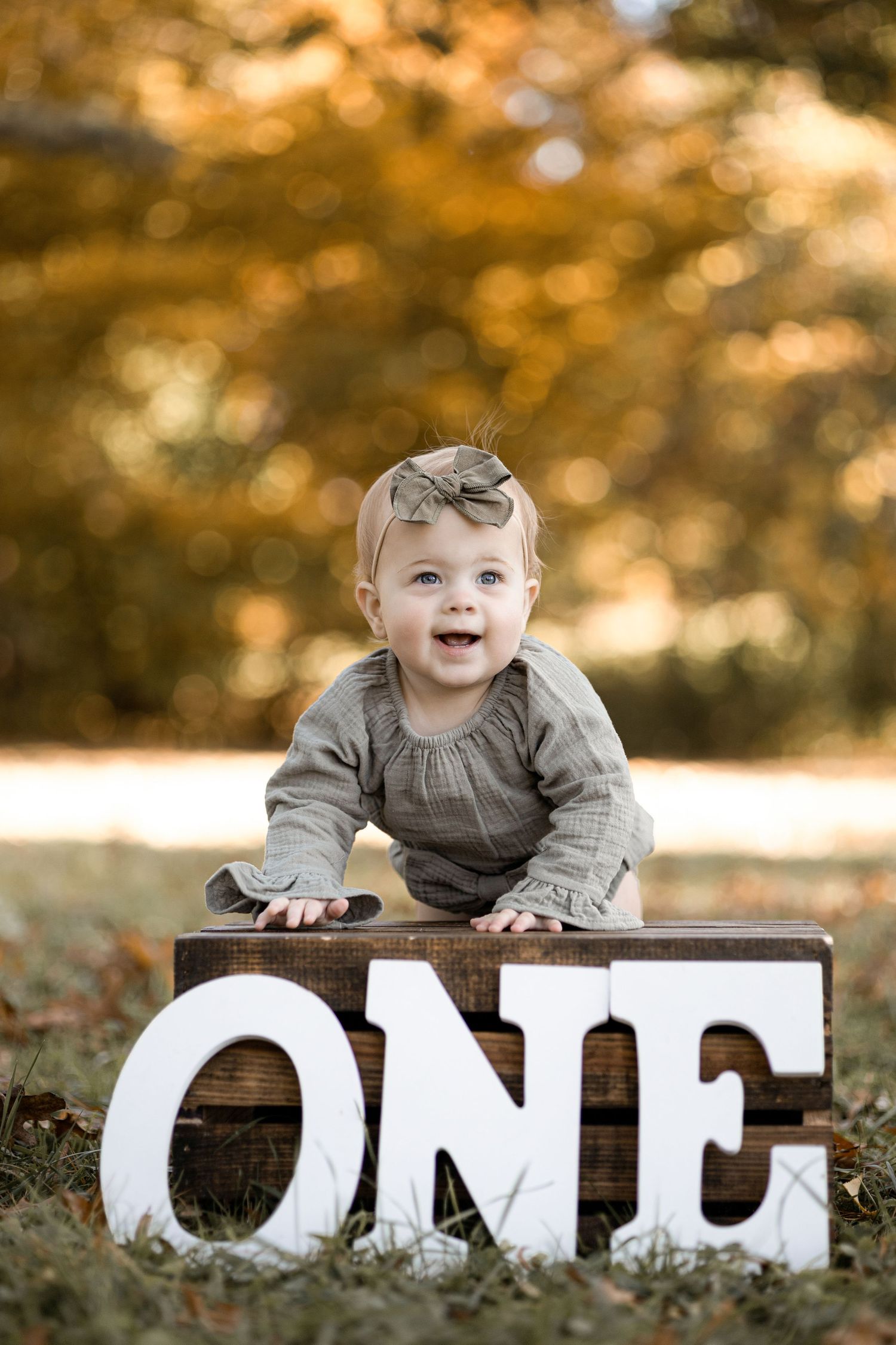 Baby milestone photo with white ONE letters on wooden surface with autumn background.