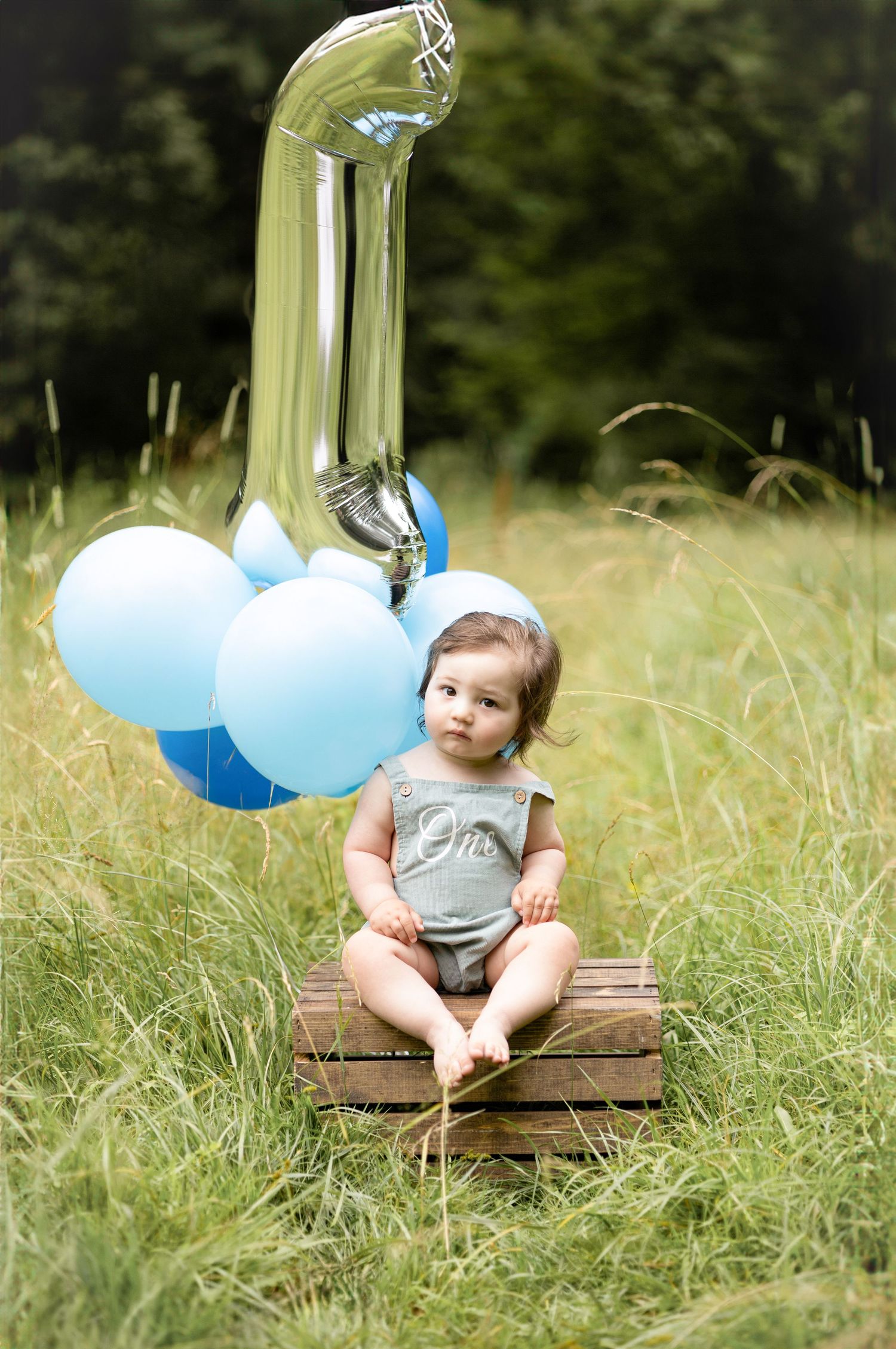 One year old baby sitting on wooden crate with blue balloons in grassy field.
