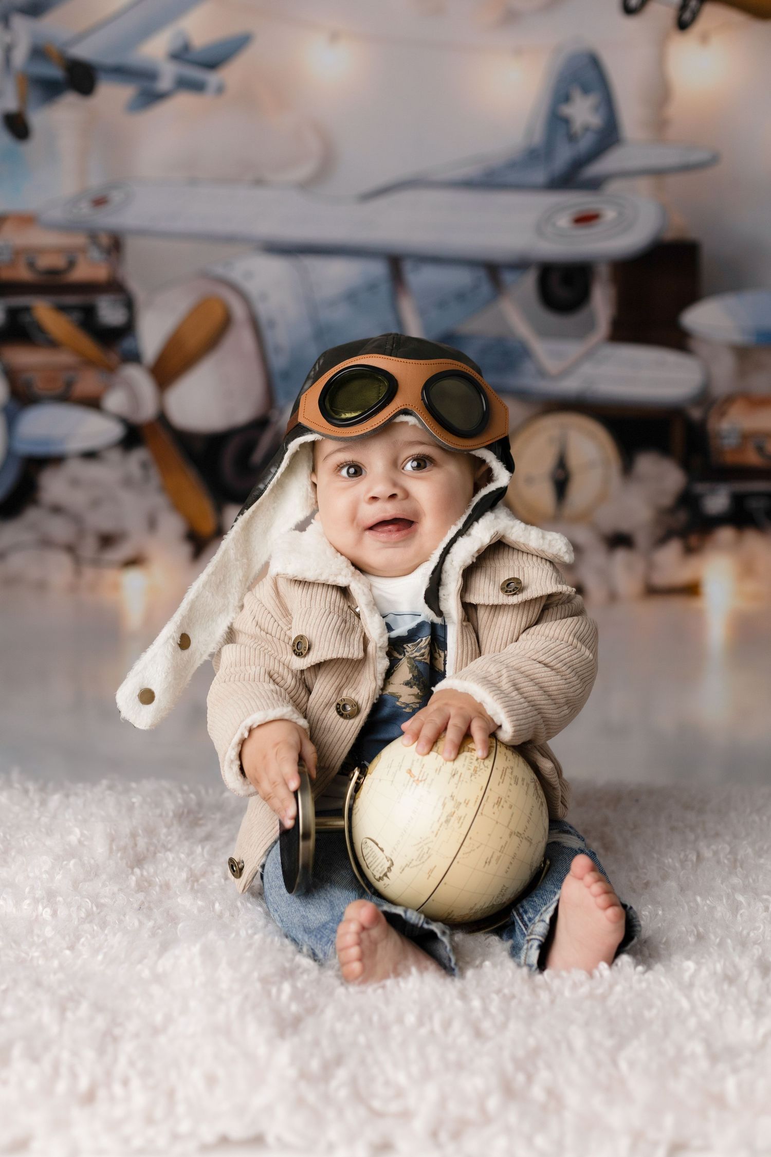 Baby wearing vintage aviator costume with goggles lies on white fluffy backdrop with toy globe.