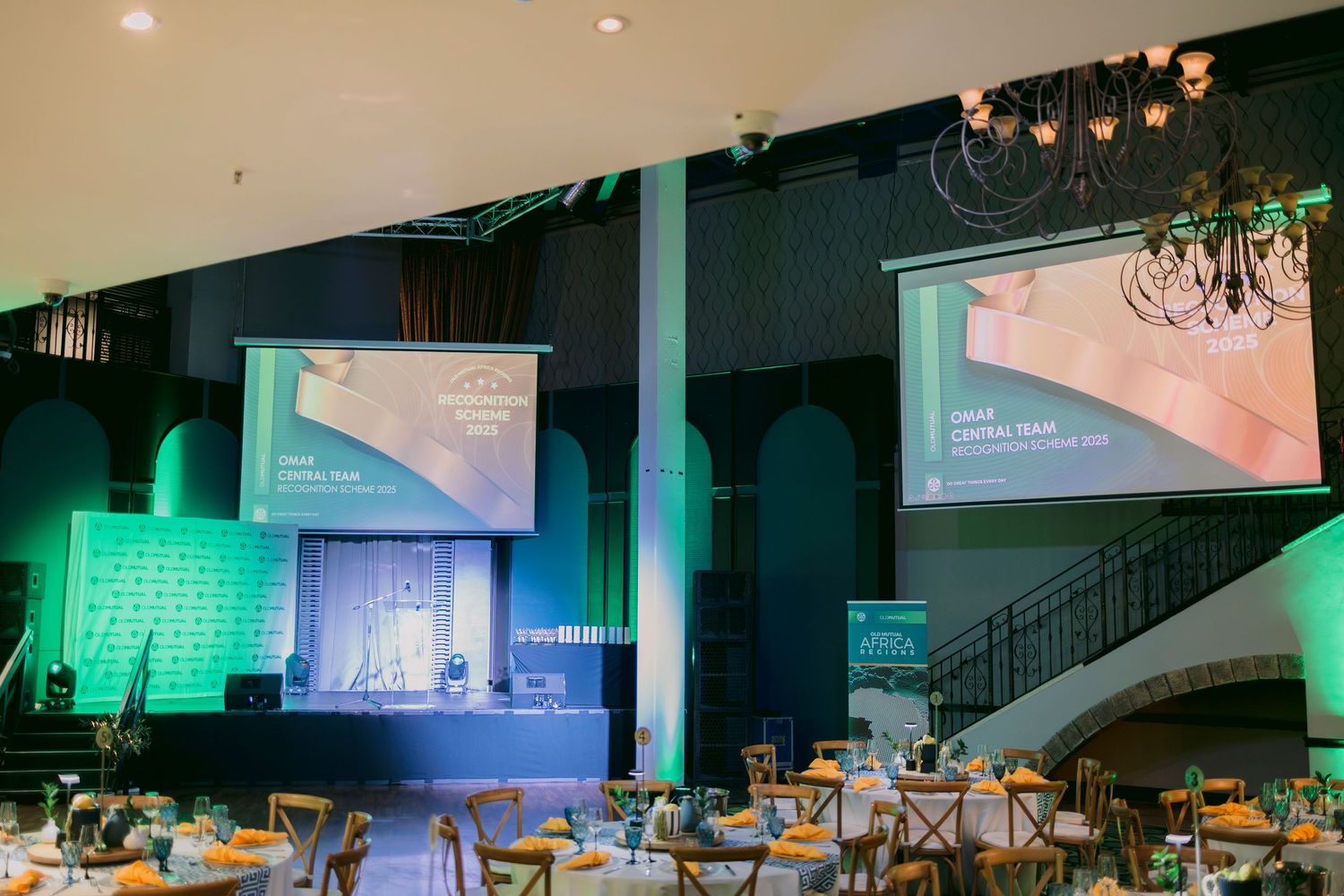 Professional sound, lighting and AV setup for a corporate presentation.