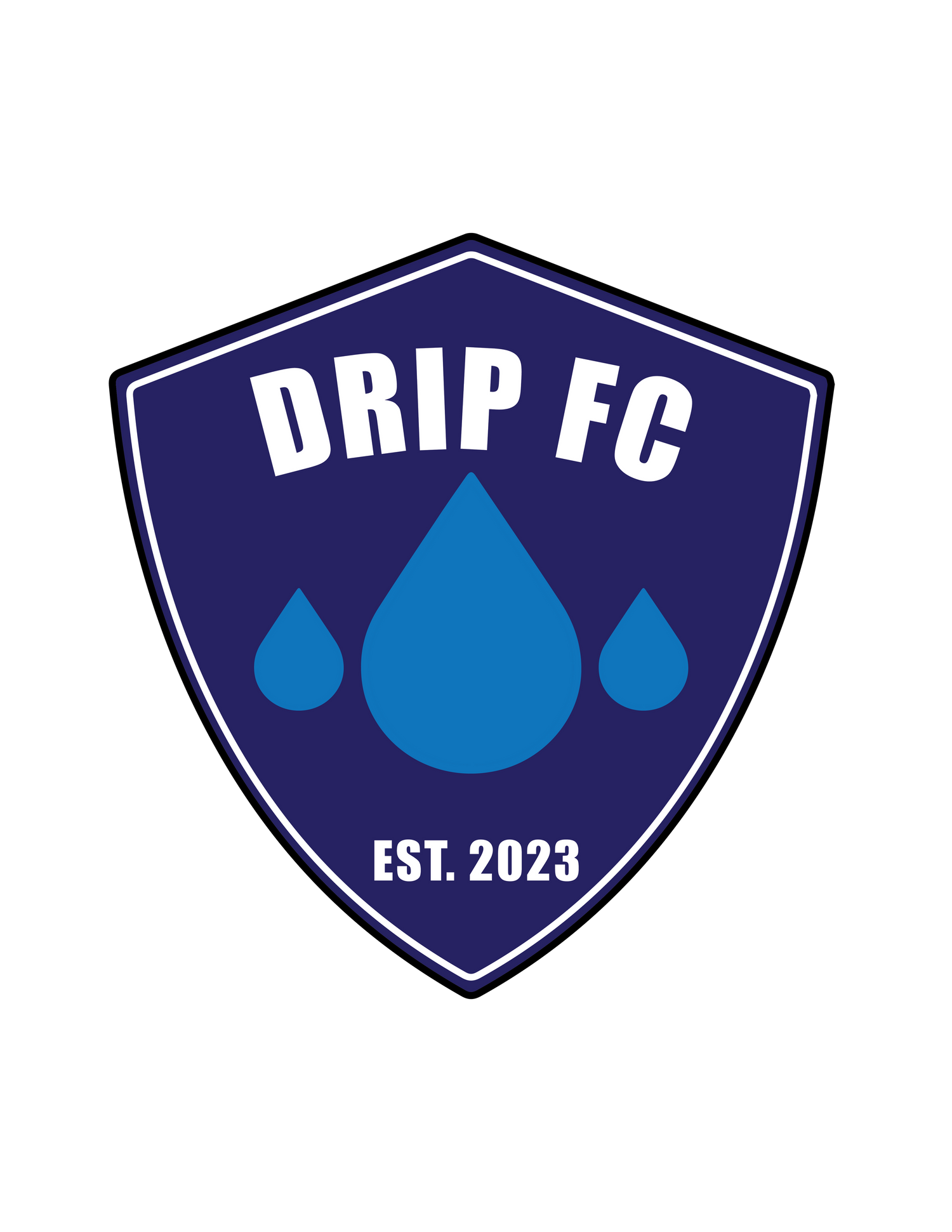 Blue shield logo for Drip FC with water droplet design and text established 2023.