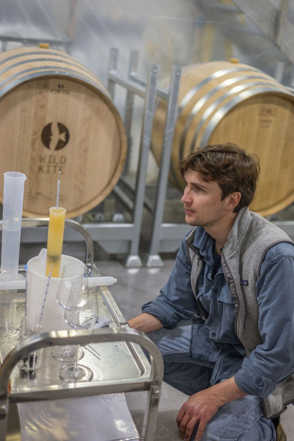 Wine production facility with oak barrels and testing equipment in the foreground.
