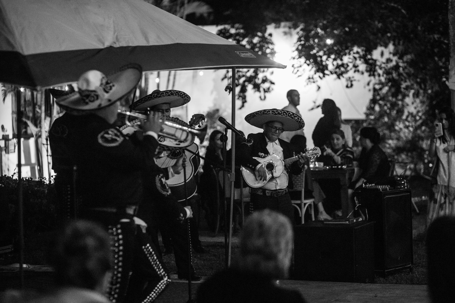 A mariachi band performs under a canopy at an outdoor event in black and white photography.