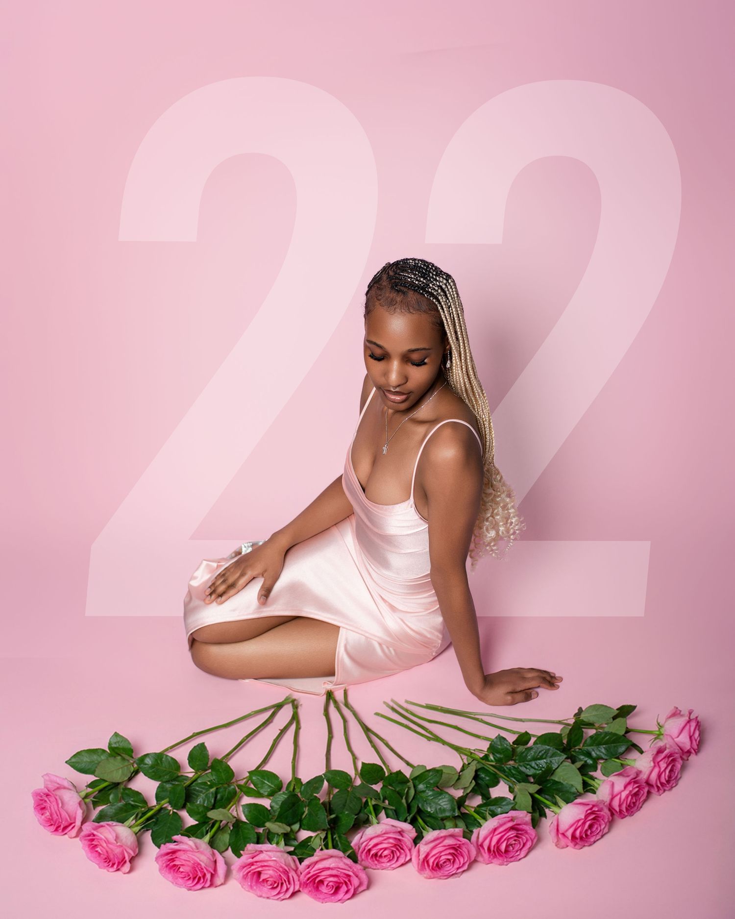 Artistic portrait with scattered pink roses against pink backdrop with number 22.