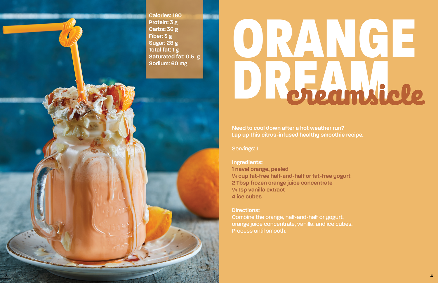 Decadent orange creamsicle milkshake topped with whipped cream and caramel against blue background.