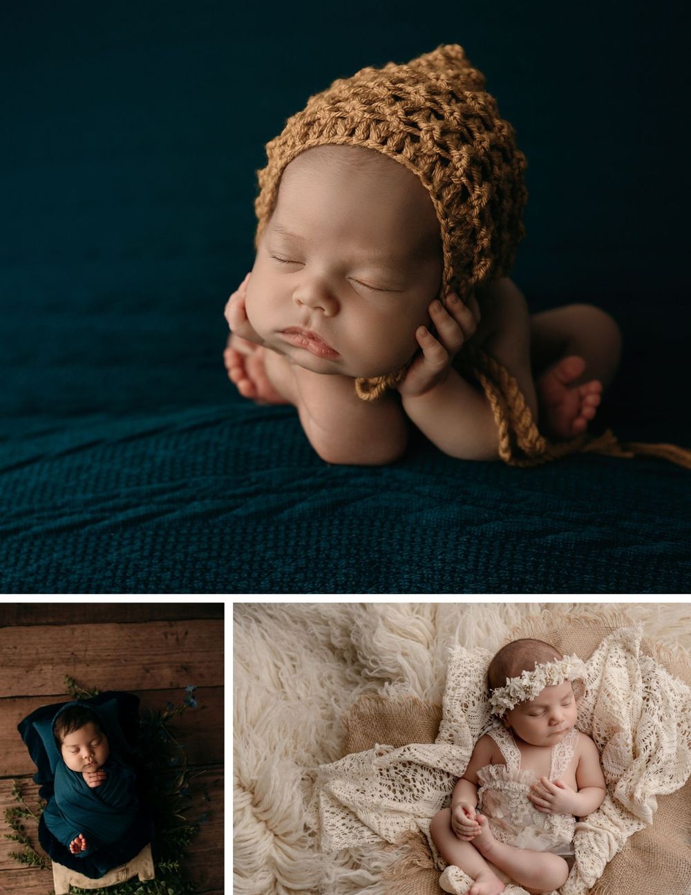 Professional newborn photography collection featuring three artistic poses with vintage props and soft lighting.