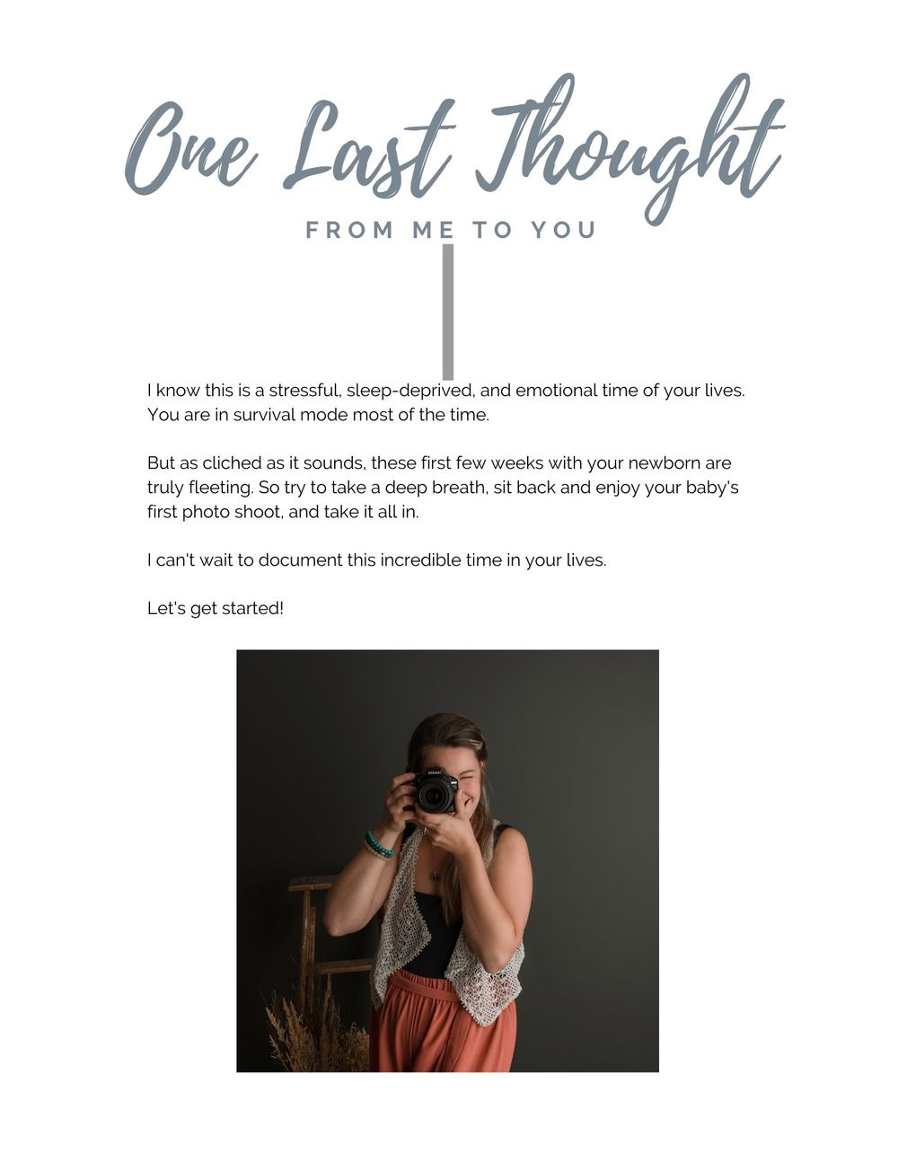 Email template design with cursive typography and photographer branding elements.