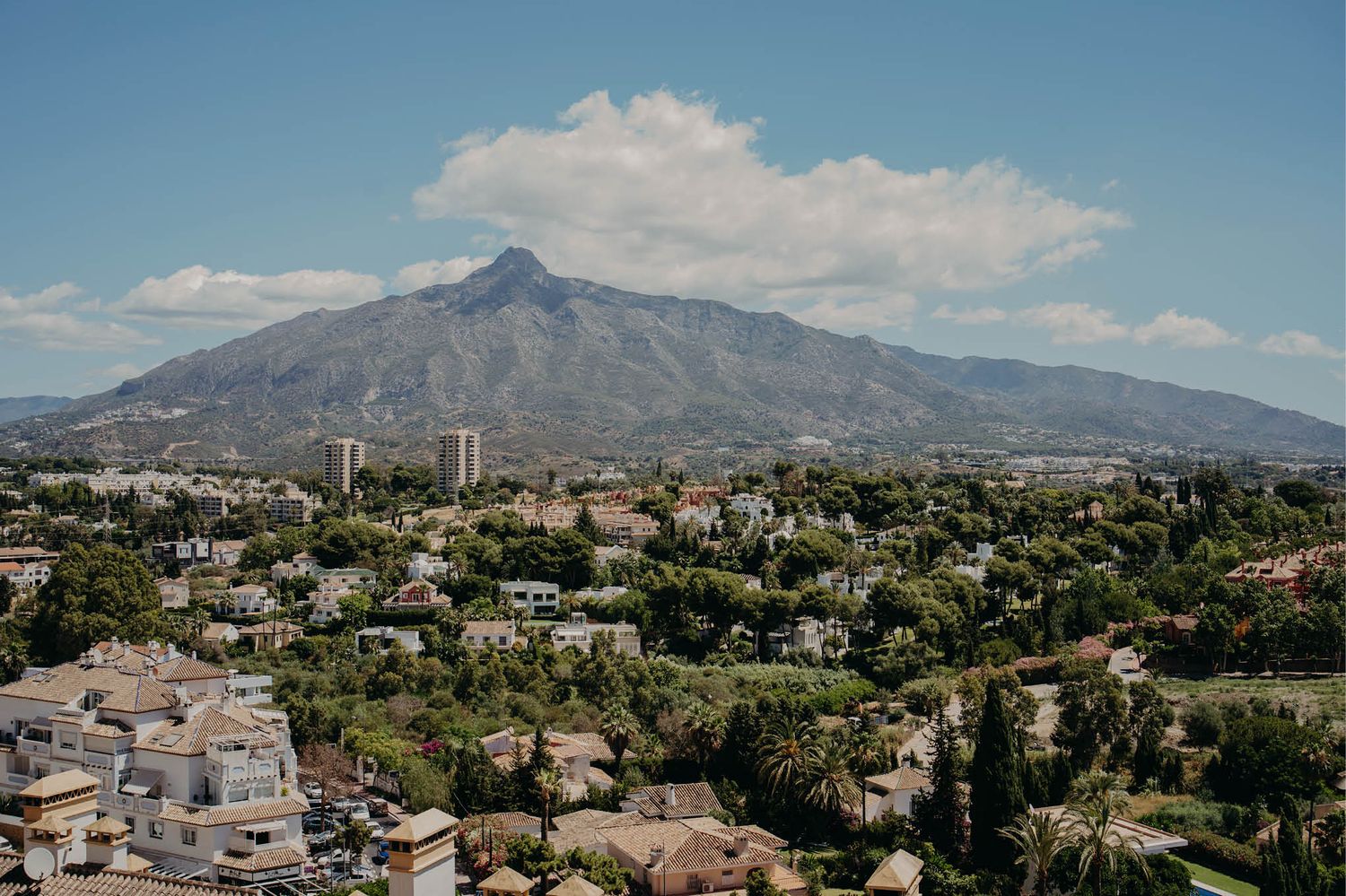 Mountain landscape view of a coastal city with modern buildings and residential areas.