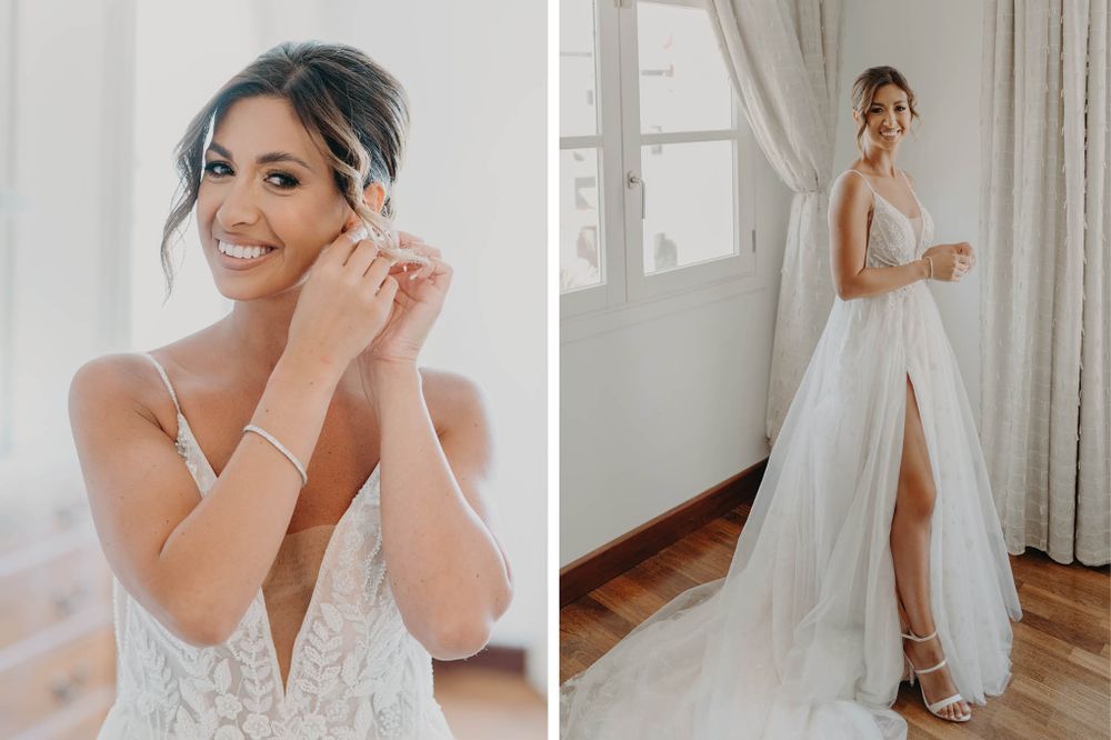 Elegant bridal portraits showcasing a lace wedding gown and glamorous styling.