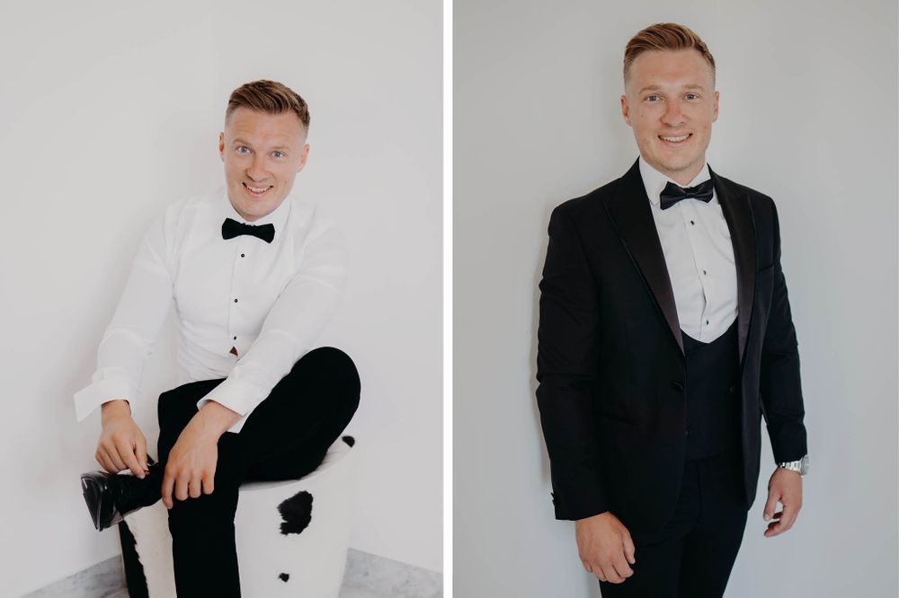 Groom portraits in classic black and white tuxedos showing formal wedding attire.