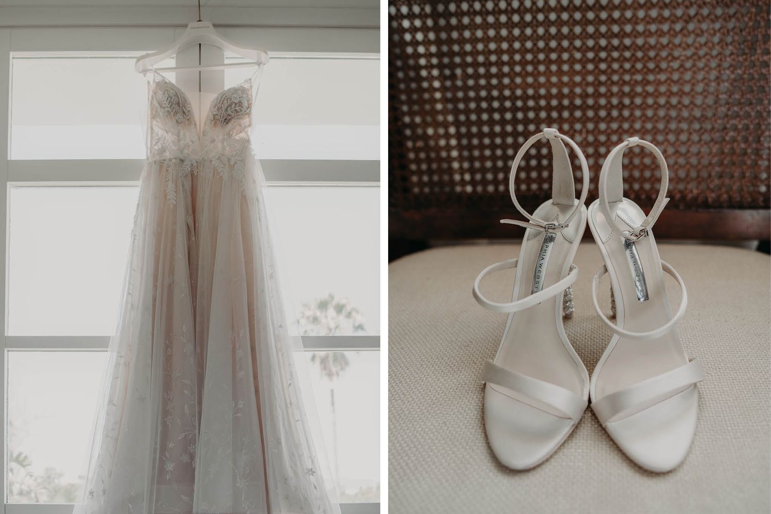 Wedding dress and white heeled sandals displayed before the ceremony.