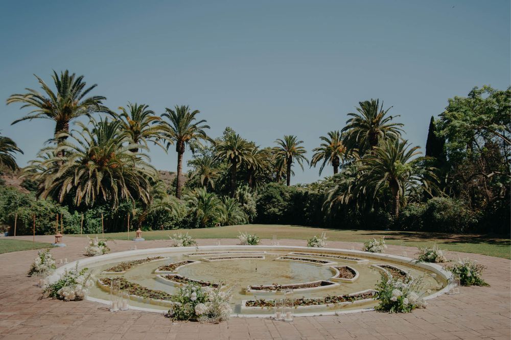 A circular garden feature with palm trees and decorative plantings in a tropical landscape.