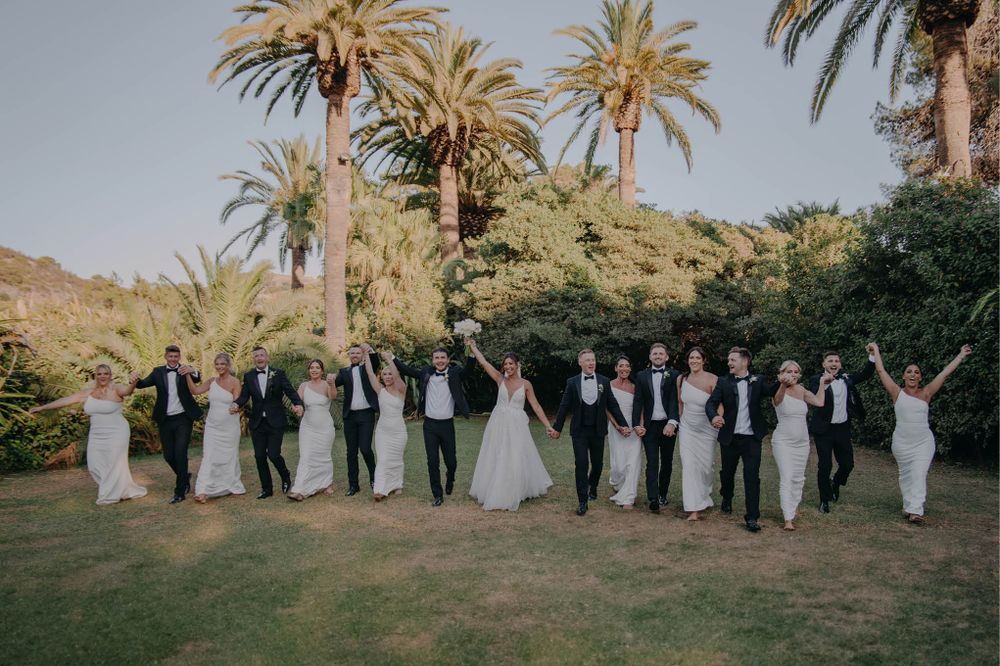 Wedding party in formal attire posing together on lawn with palm trees in background.
