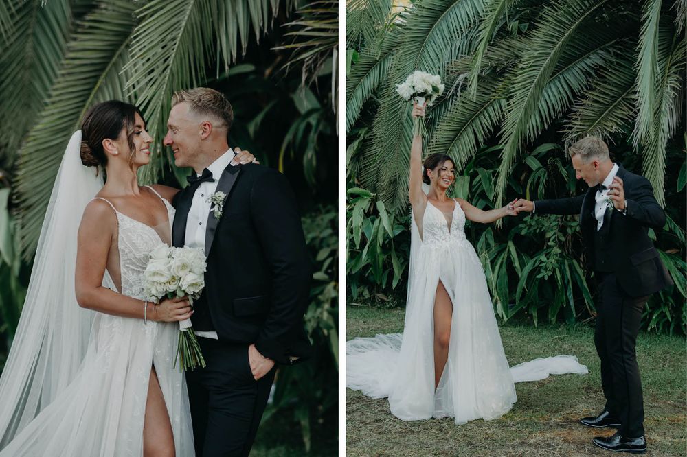 Newlyweds share intimate moments against a backdrop of tropical palm fronds at an elegant outdoor wedding ceremony.