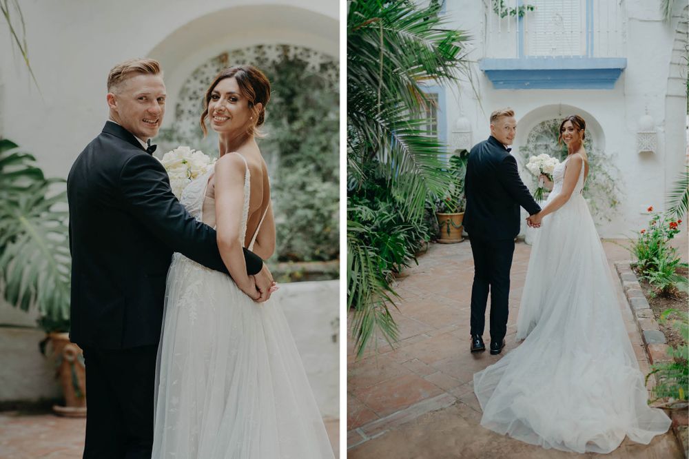 Romantic wedding portraits captured in a Mediterranean courtyard with tropical foliage and white walls.
