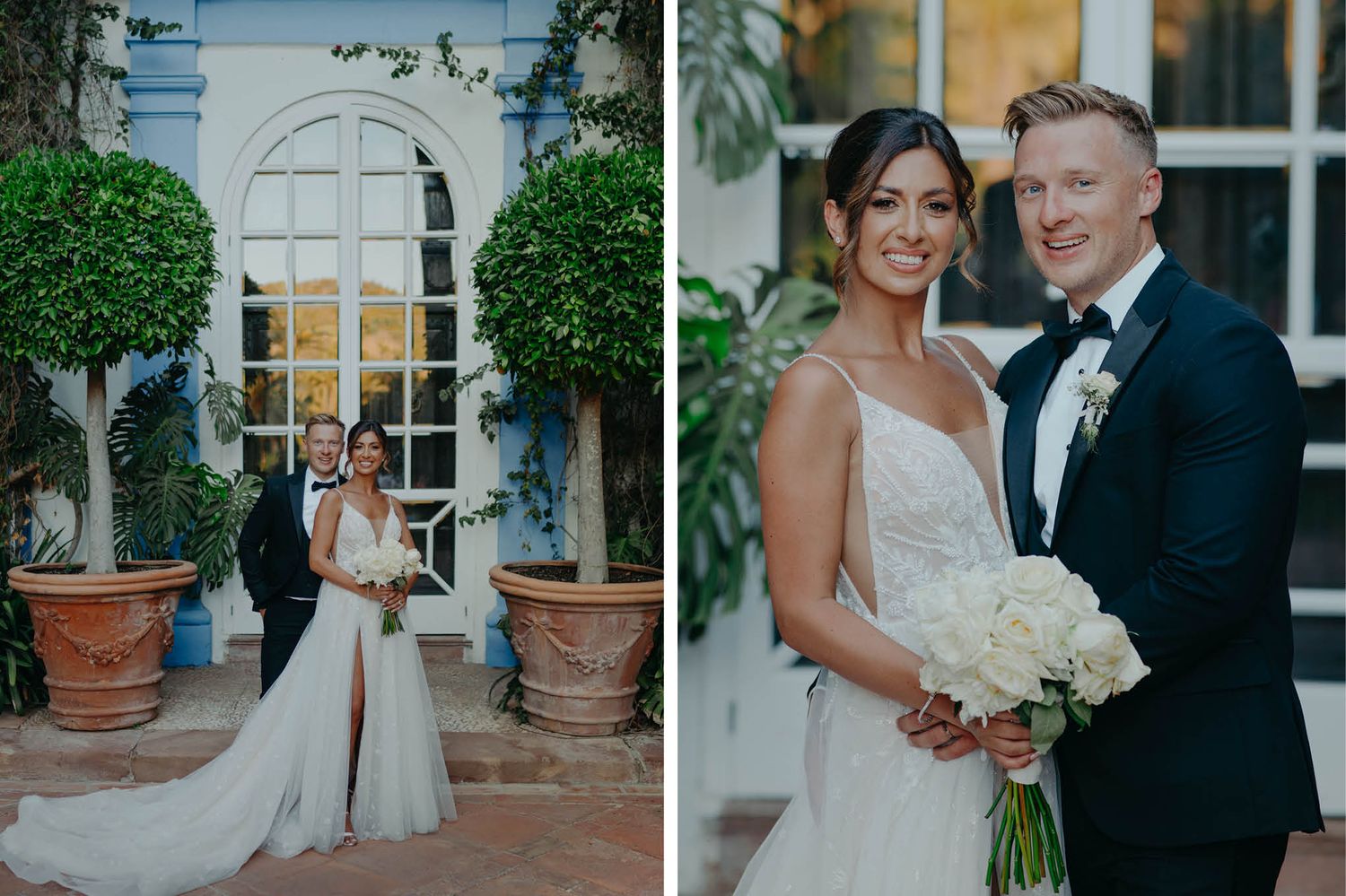 Elegant wedding portraits at a venue with arched windows, topiary trees, and classical architecture.