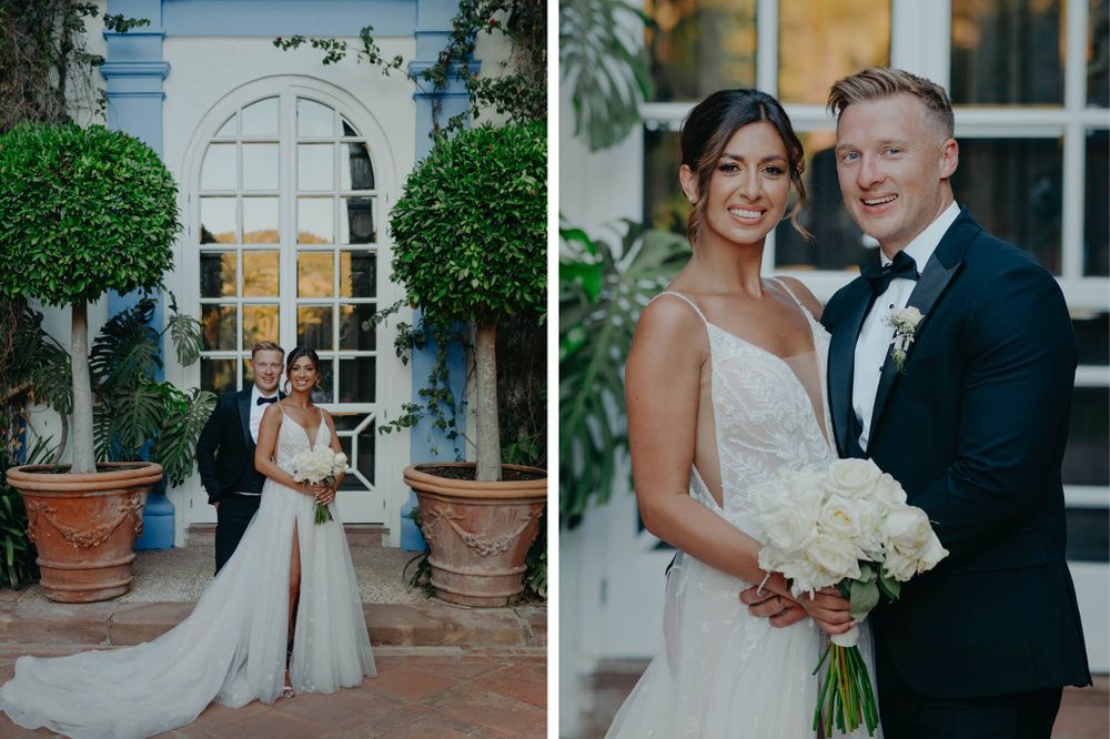 Elegant wedding portraits at a venue with arched windows, topiary trees, and classical architecture.