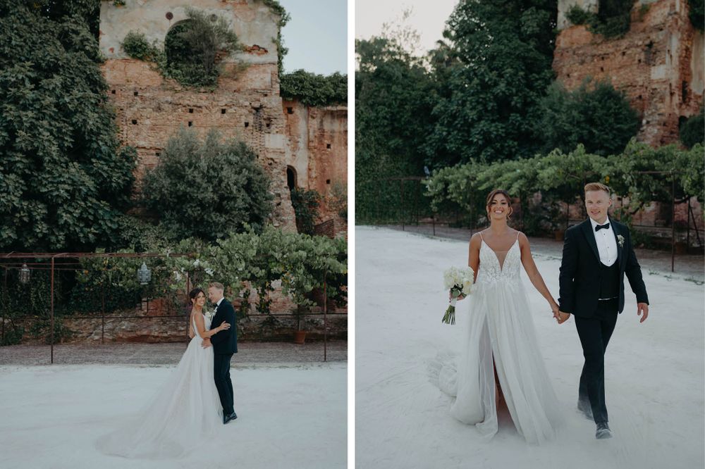 Elegant wedding portraits captured against rustic stone architecture and greenery.