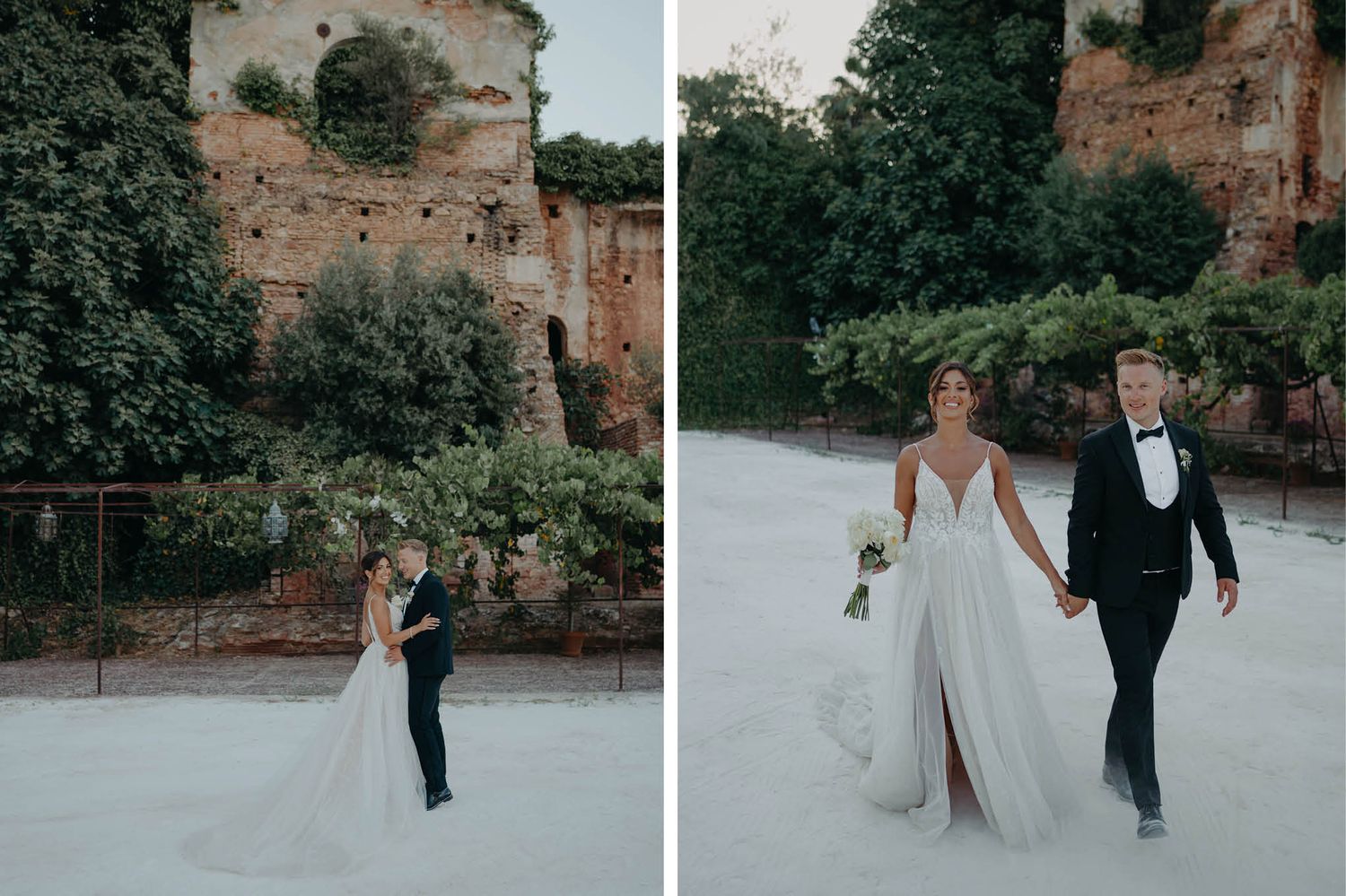 Elegant wedding portraits captured against rustic stone architecture and greenery.
