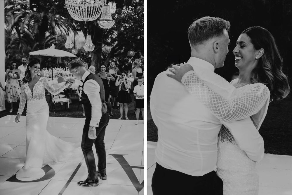 Black and white photos capture joyful dancing moments during an evening wedding reception.