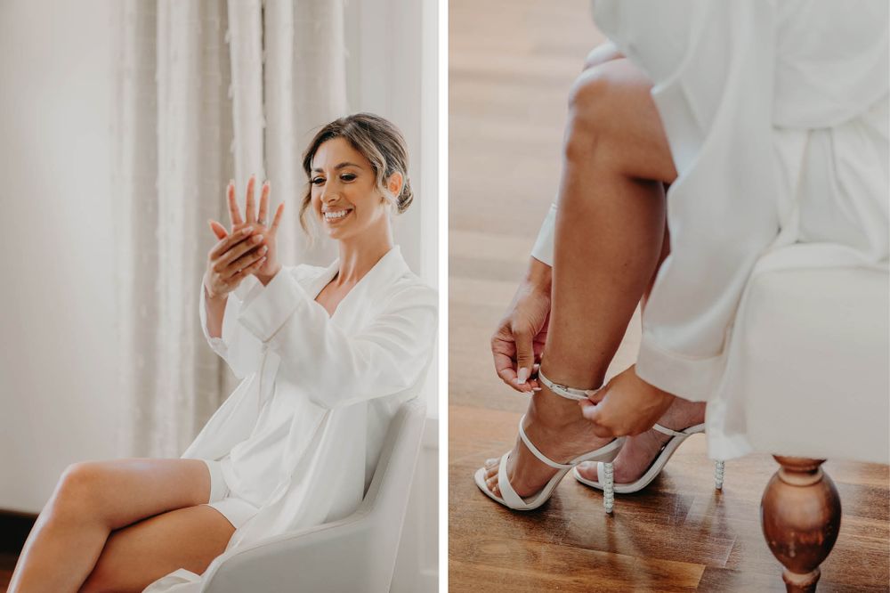 Wedding preparation photos showing white robe and elegant heels details.
