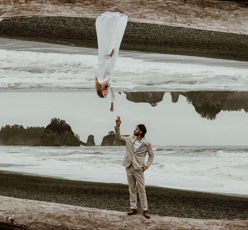 Stylistic wedding photography sequence captured upside down showing silhouettes against a natural backdrop.