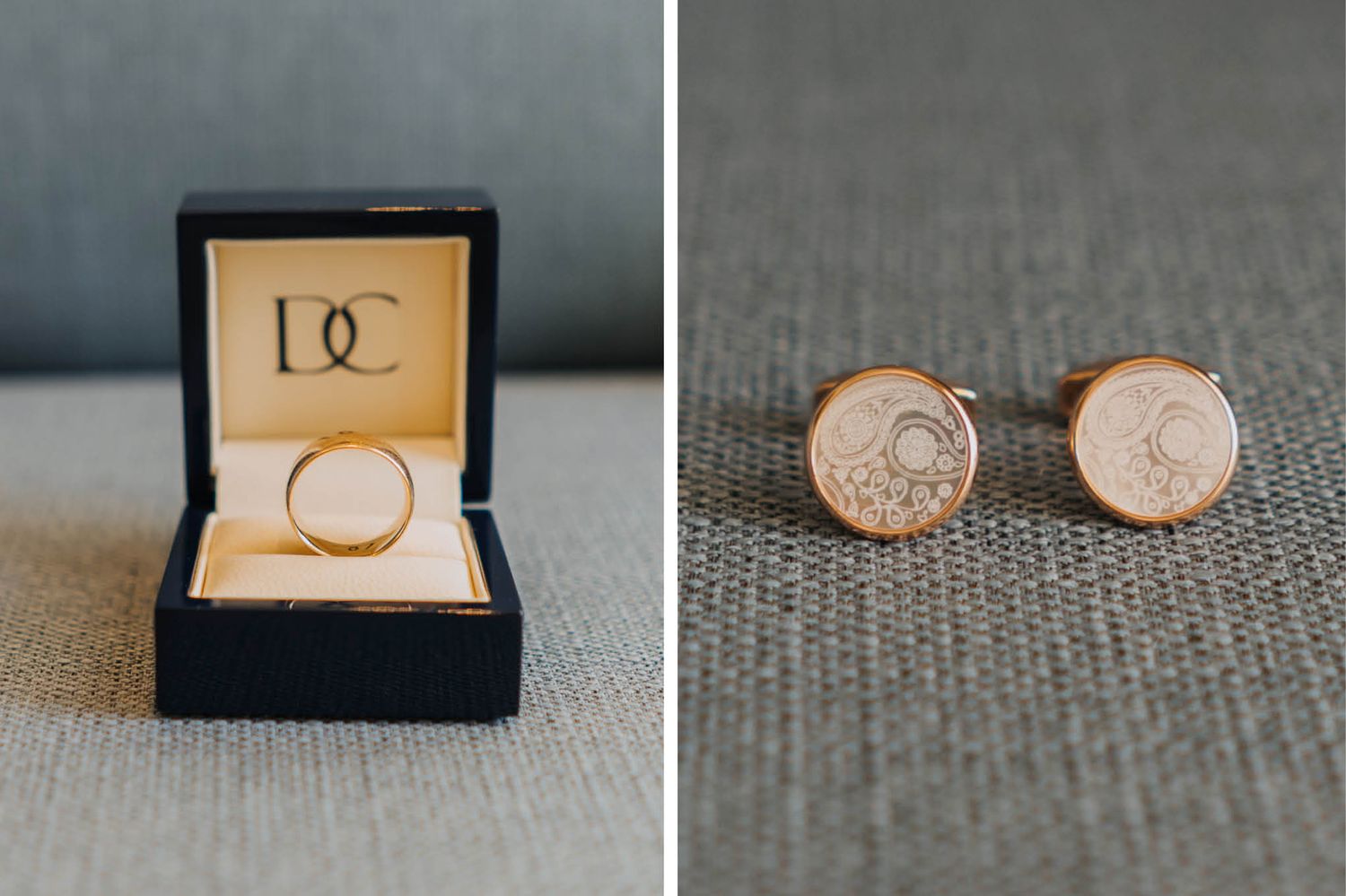 Wedding rings and cufflinks displayed in black and beige boxes.