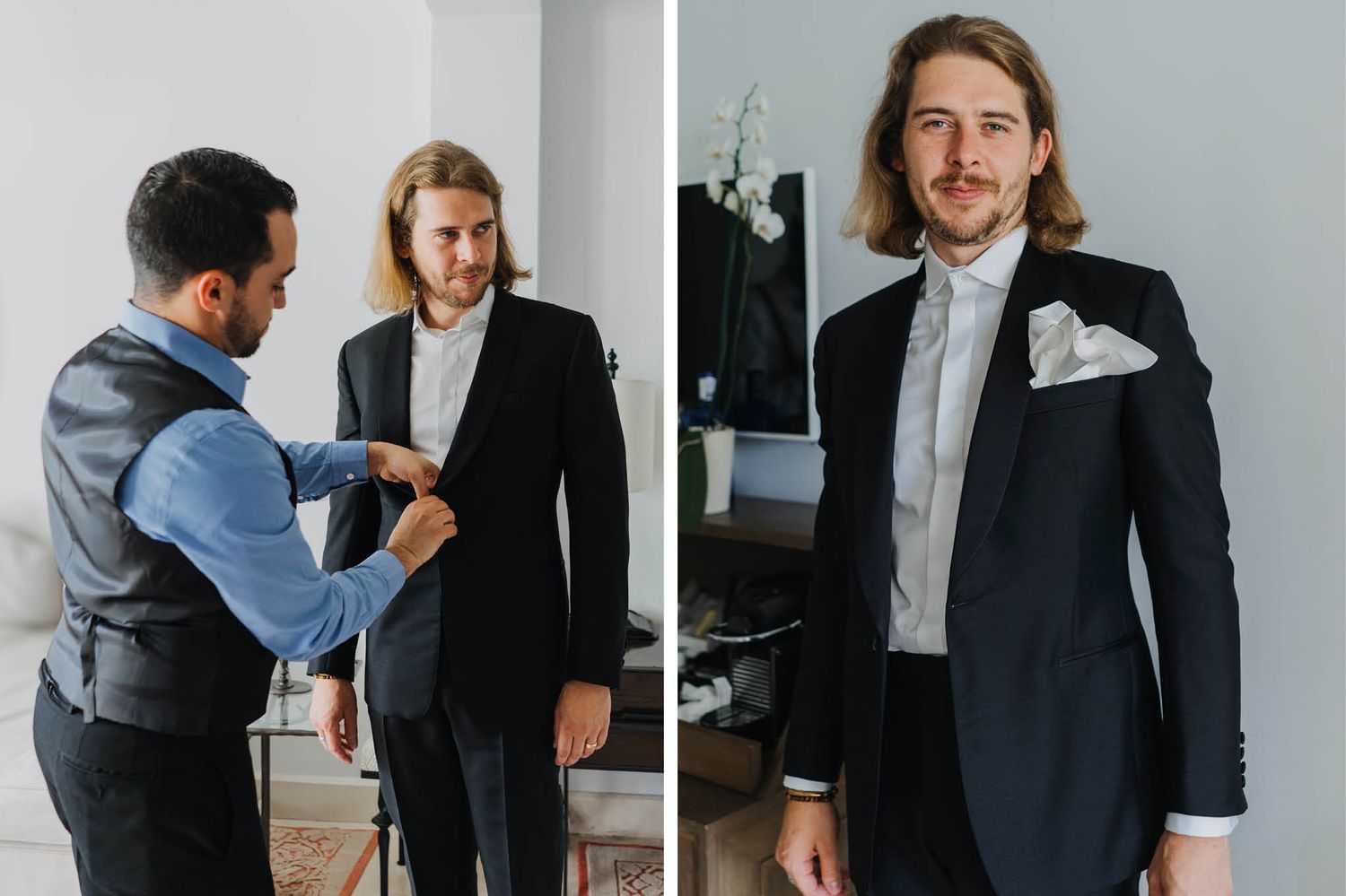 Getting suited up for a formal event in a bright modern room with minimal decor.