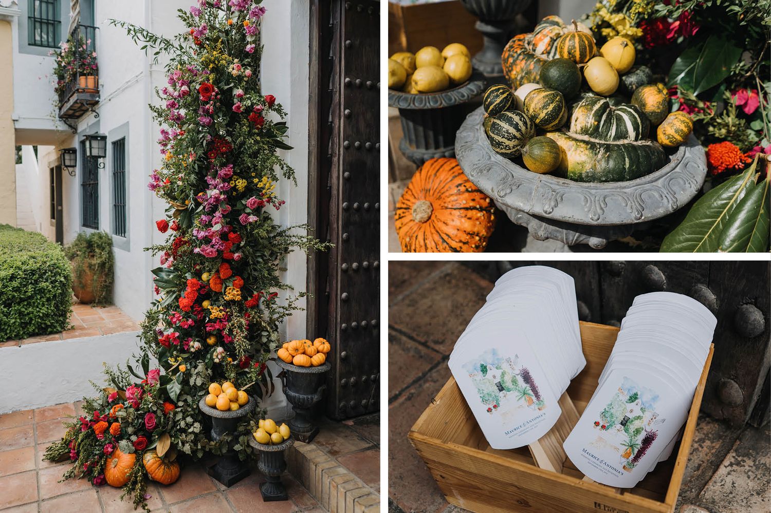 Fall wedding decor featuring floral arrangements with pumpkins and custom illustrated handkerchiefs.