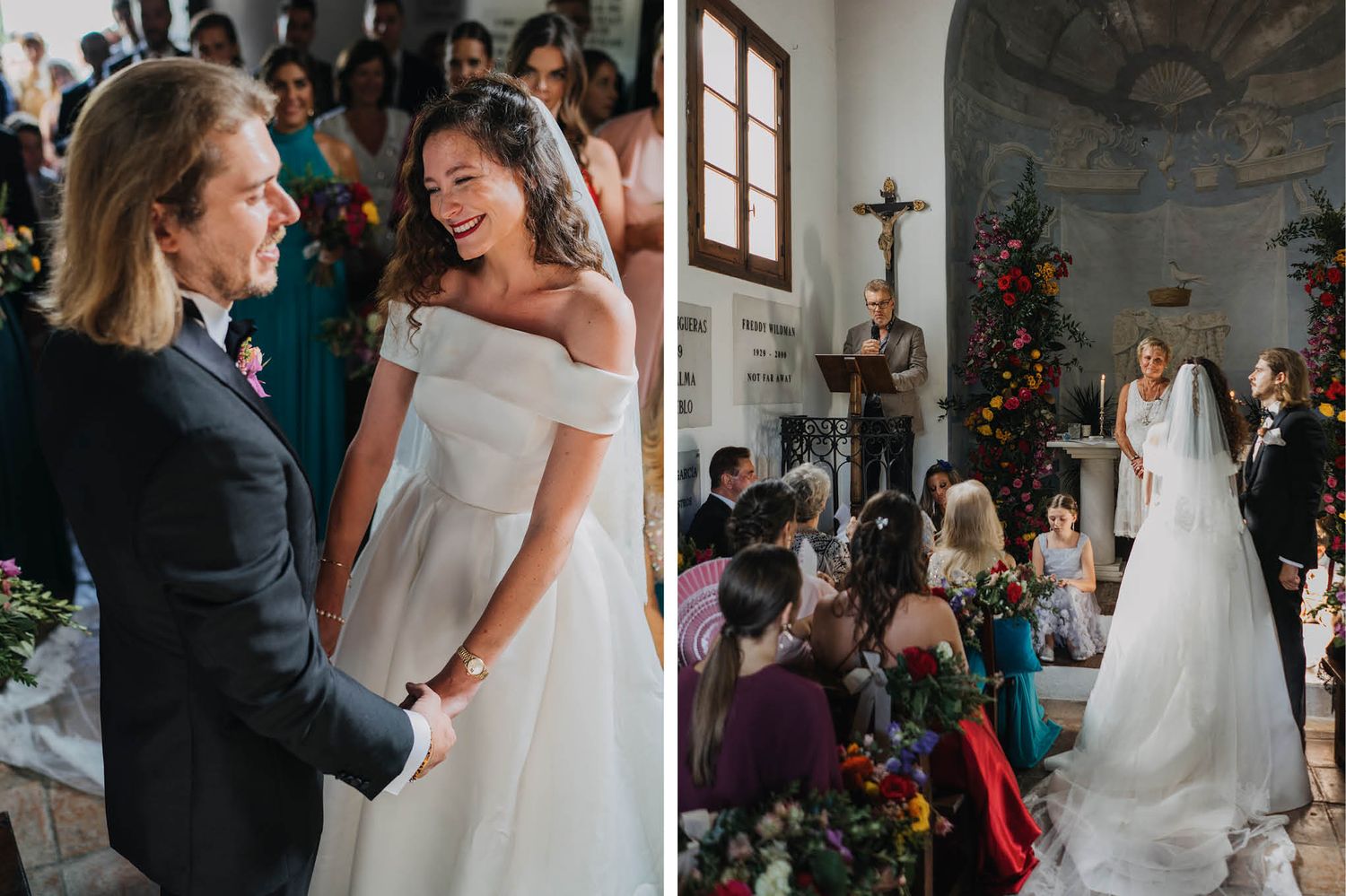 Church wedding ceremony with decorated aisle and Christmas trees near the altar.