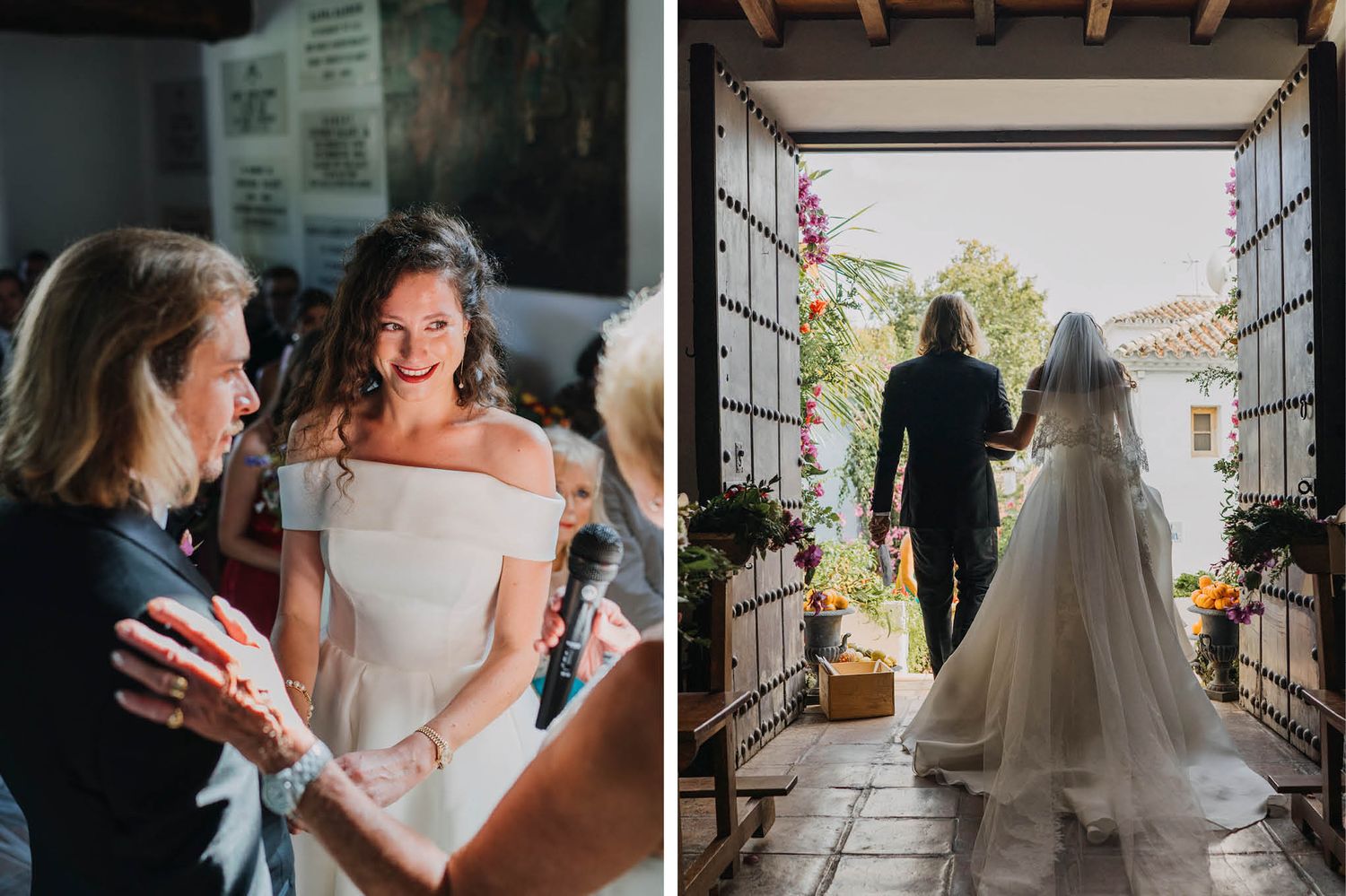Wedding photography showing preparations and a couple exiting through grand wooden doors.