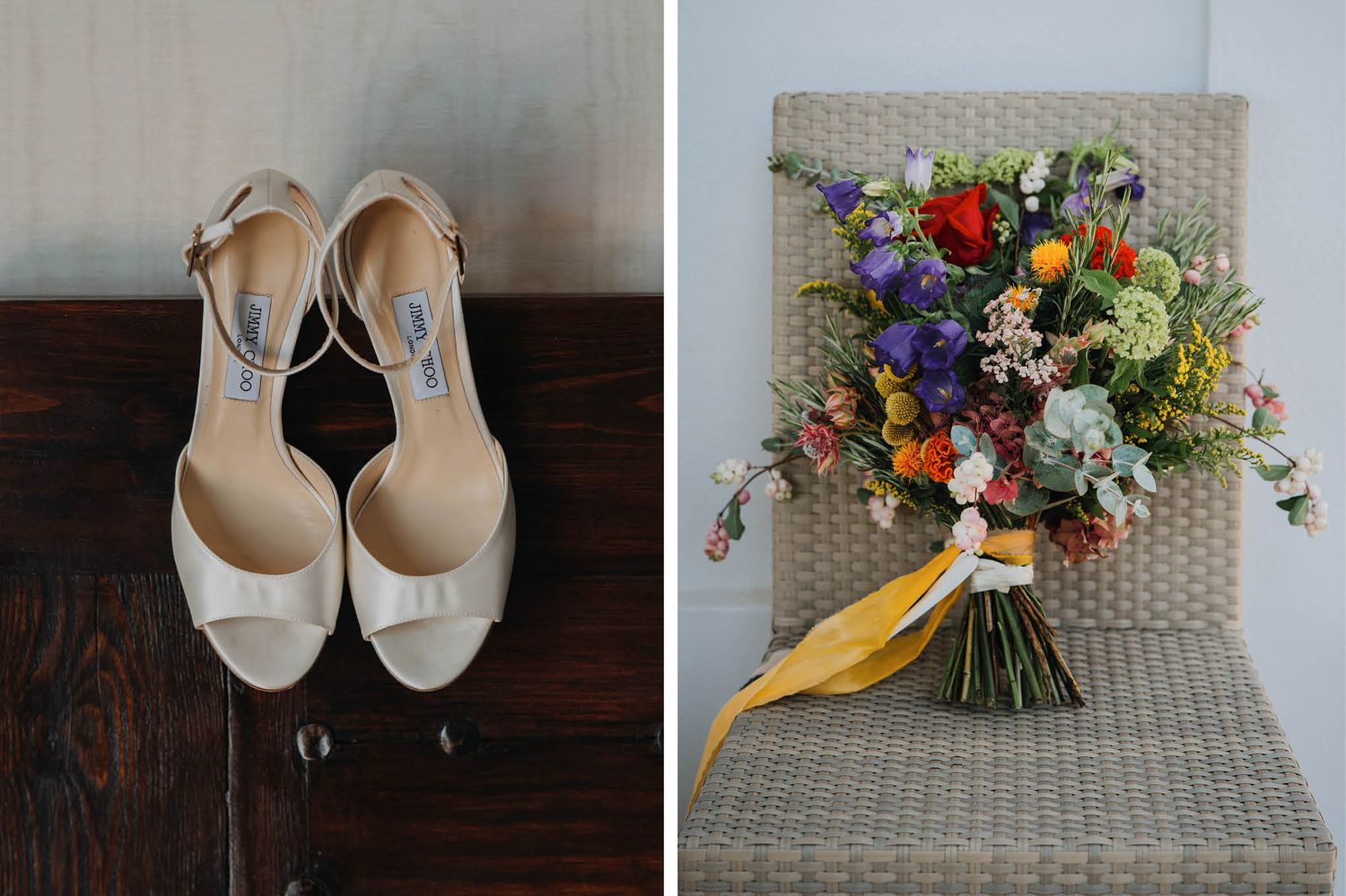 White bridal shoes and colorful wildflower bouquet with yellow ribbon on wicker chair.