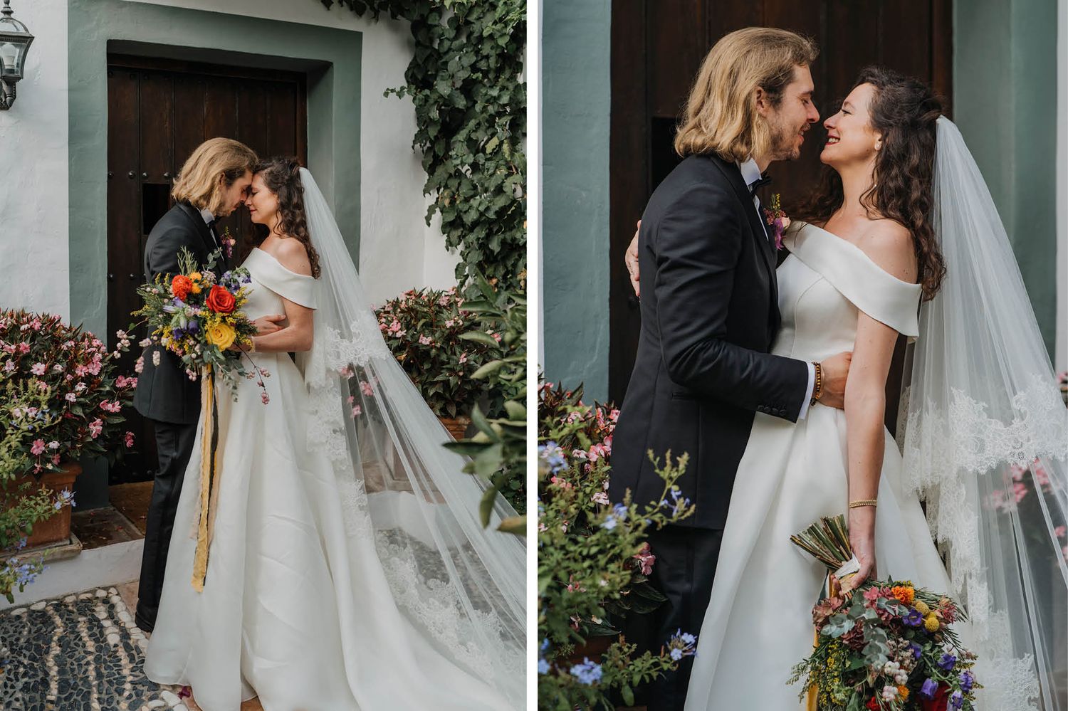Side-by-side wedding portraits against a backdrop of climbing vines and white walls.