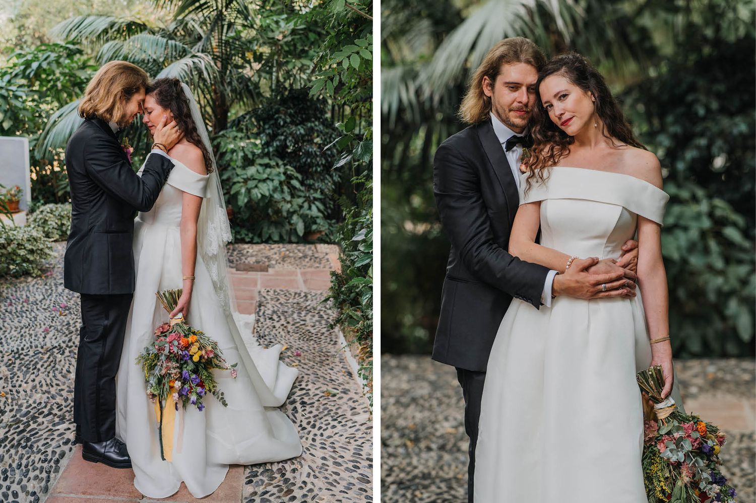 Romantic wedding portraits captured in a Mediterranean garden setting.