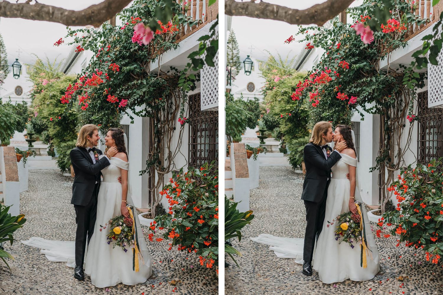 Side-by-side wedding photos showing tender moments in a charming Mediterranean garden setting.