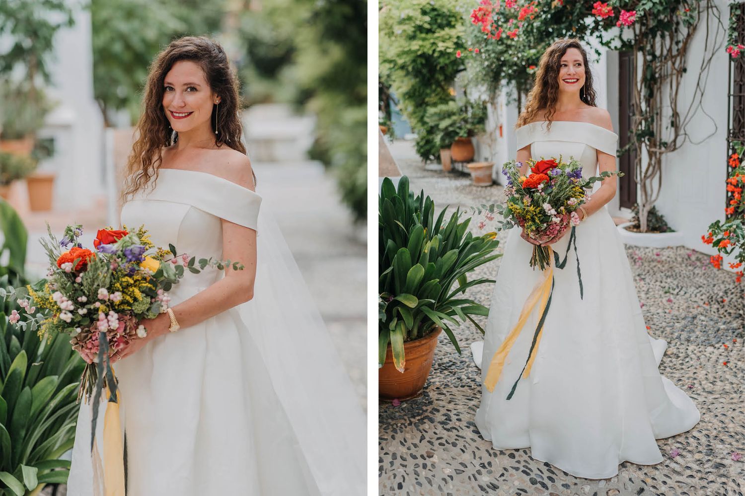 Split image showing elegant off-shoulder wedding dress with colorful bouquet against white Mediterranean architecture.