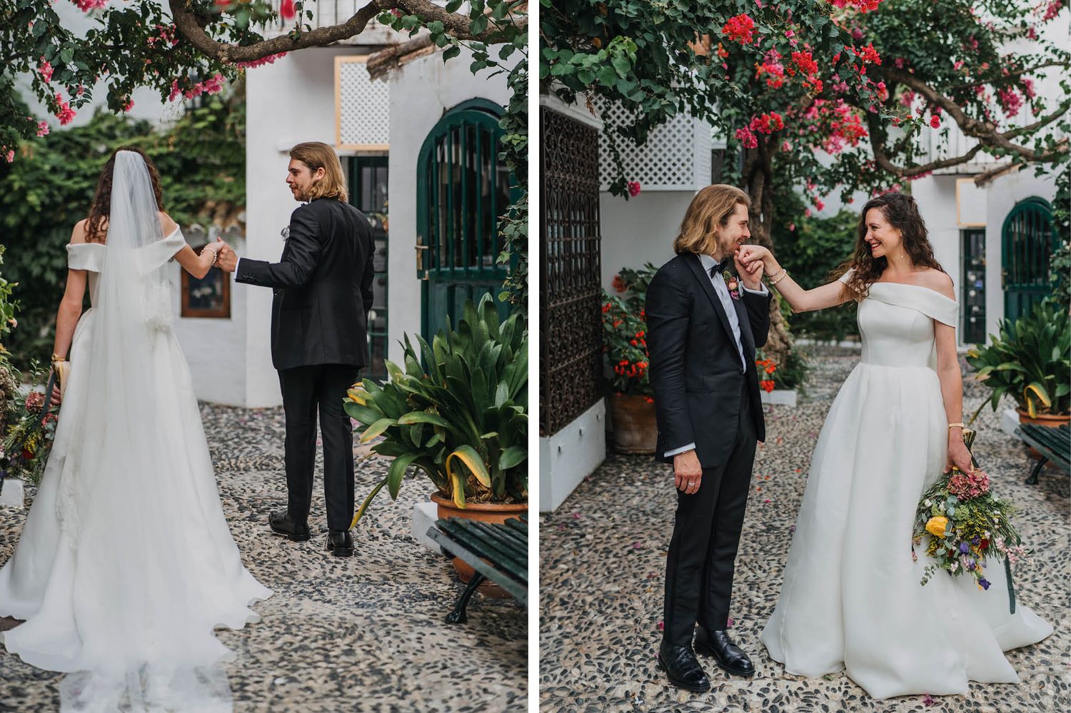 Side-by-side wedding photos capturing intimate moments in a Mediterranean courtyard setting.