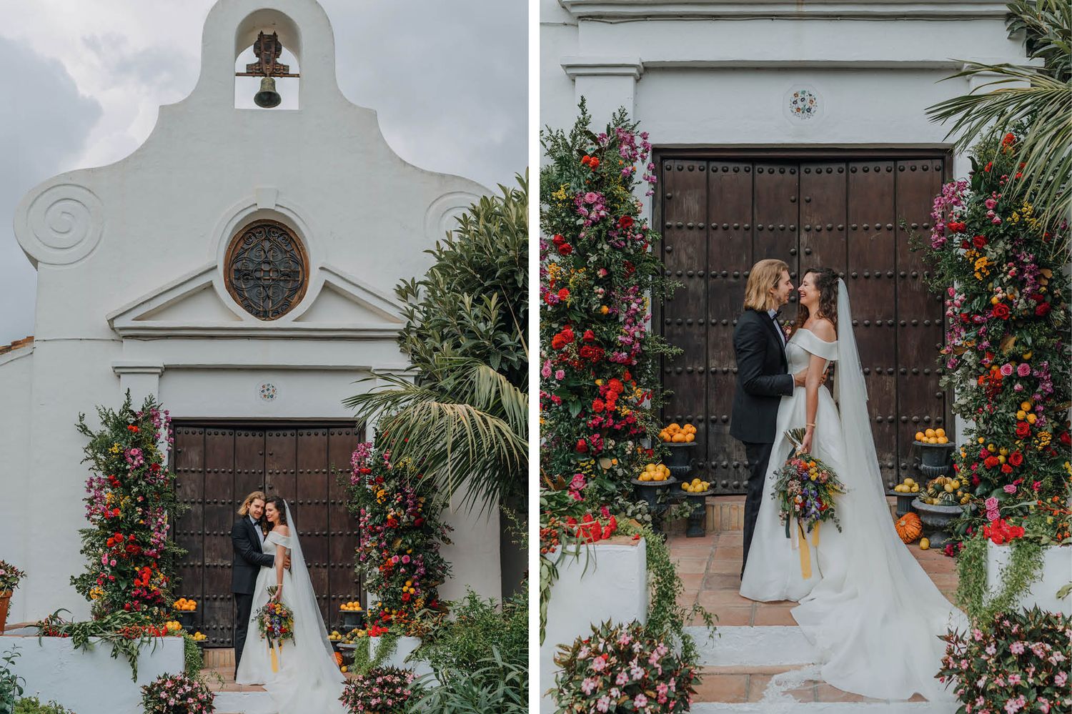 Wedding portraits at a charming white Mediterranean chapel with red climbing flowers and wooden doors.
