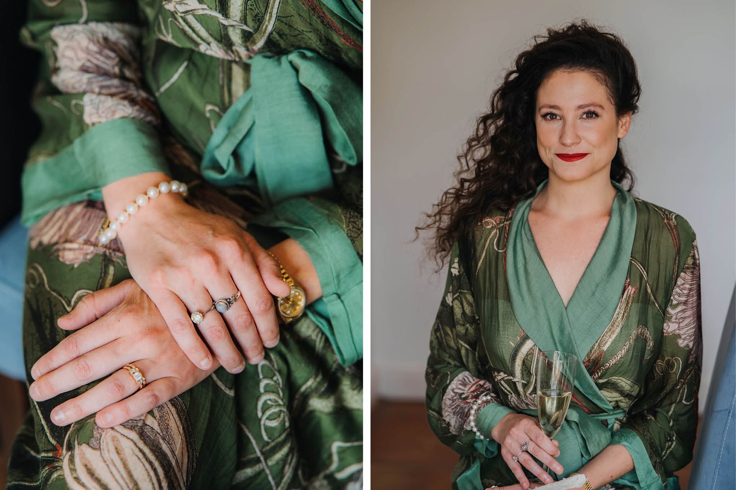 Close-up of hands with ring and green silk robe detail.