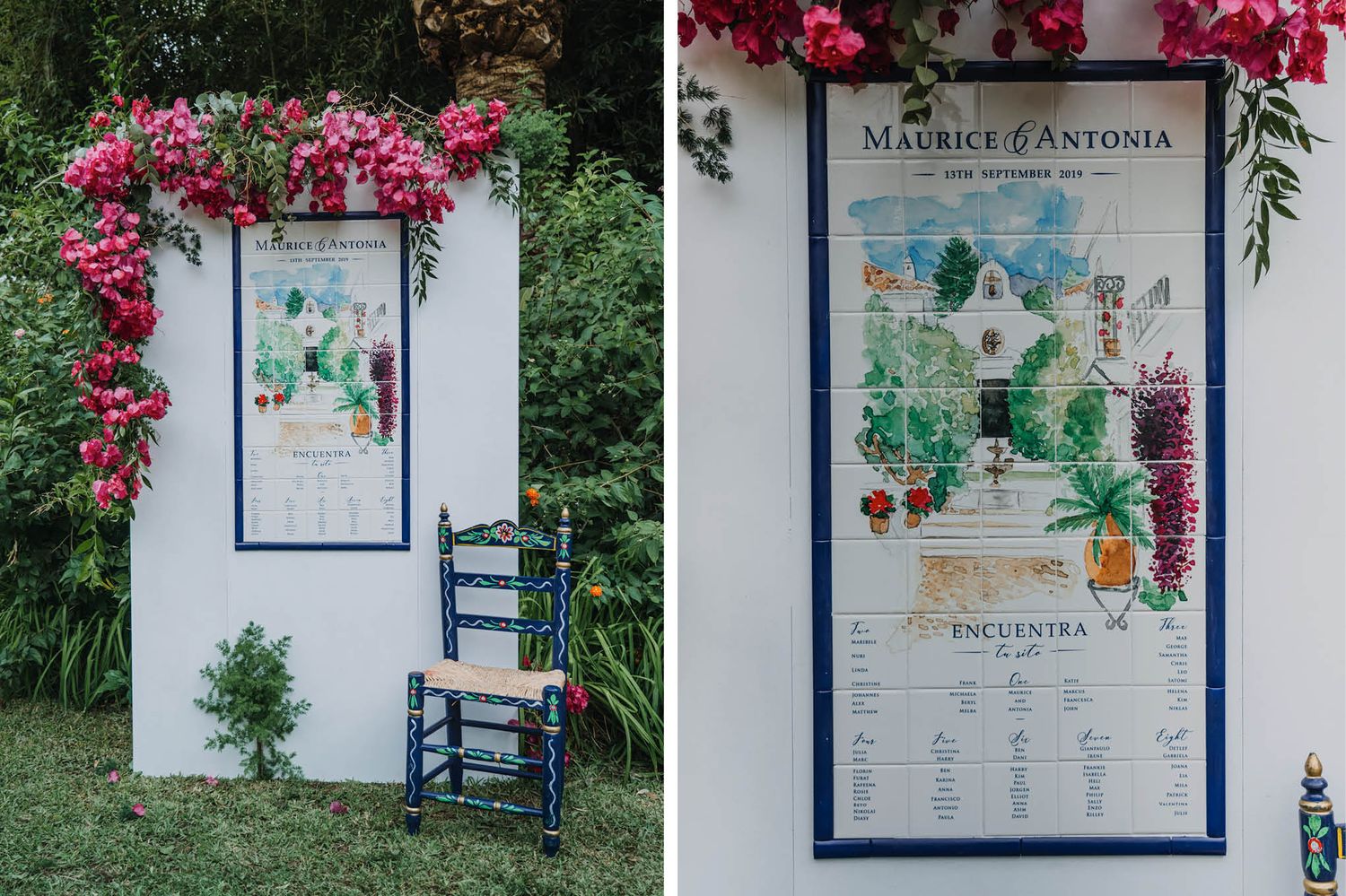 Wedding seating chart decorated with pink flowers and greenery against a white wall.