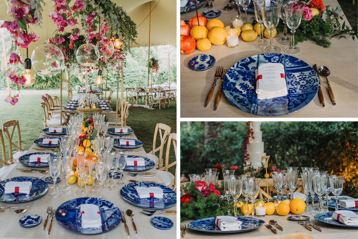 Elegant wedding table settings with blue and white decor under floral arrangements and hanging citrus.