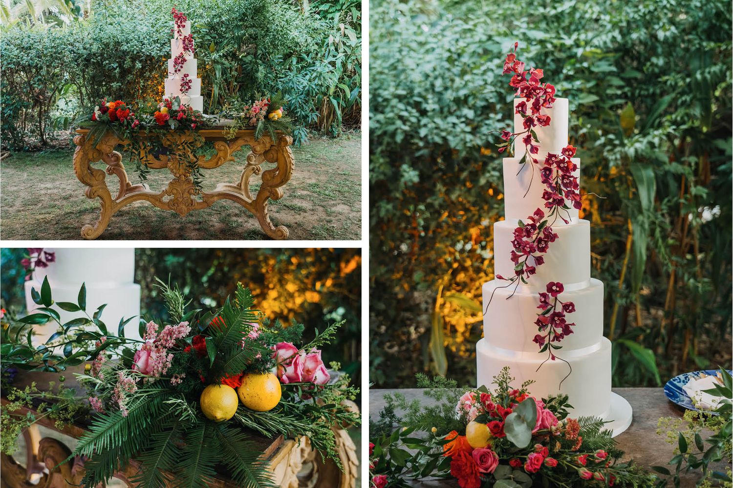 Wedding cake display with tropical fruit and floral decorations in a garden setting.