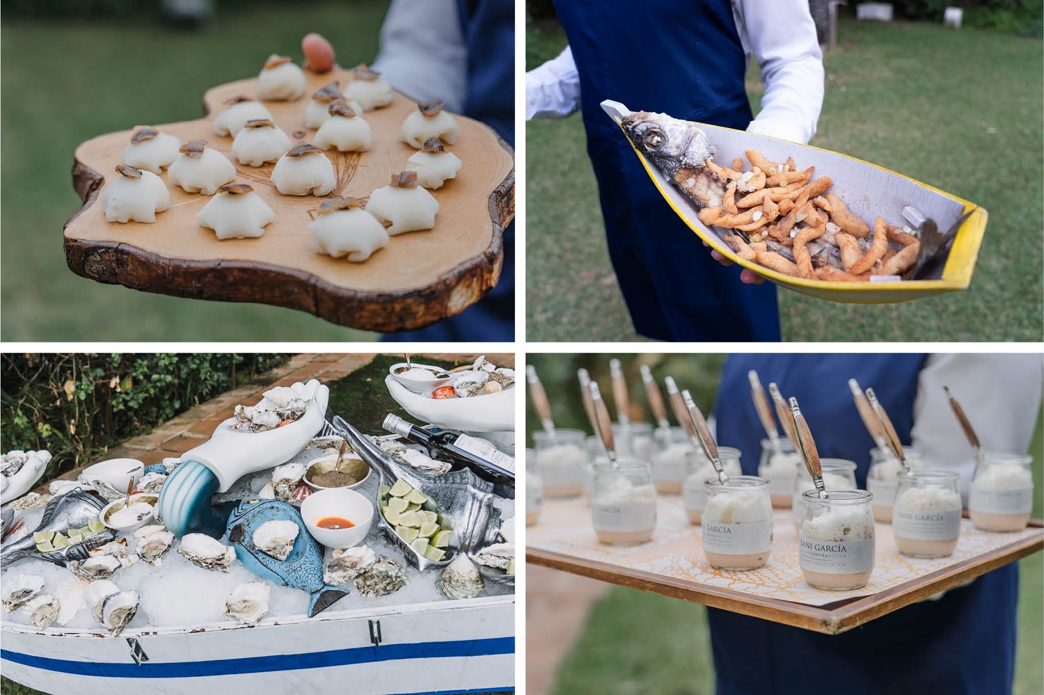 Collage of elegant wedding reception appetizers and hors d'oeuvres being served on decorative platters.