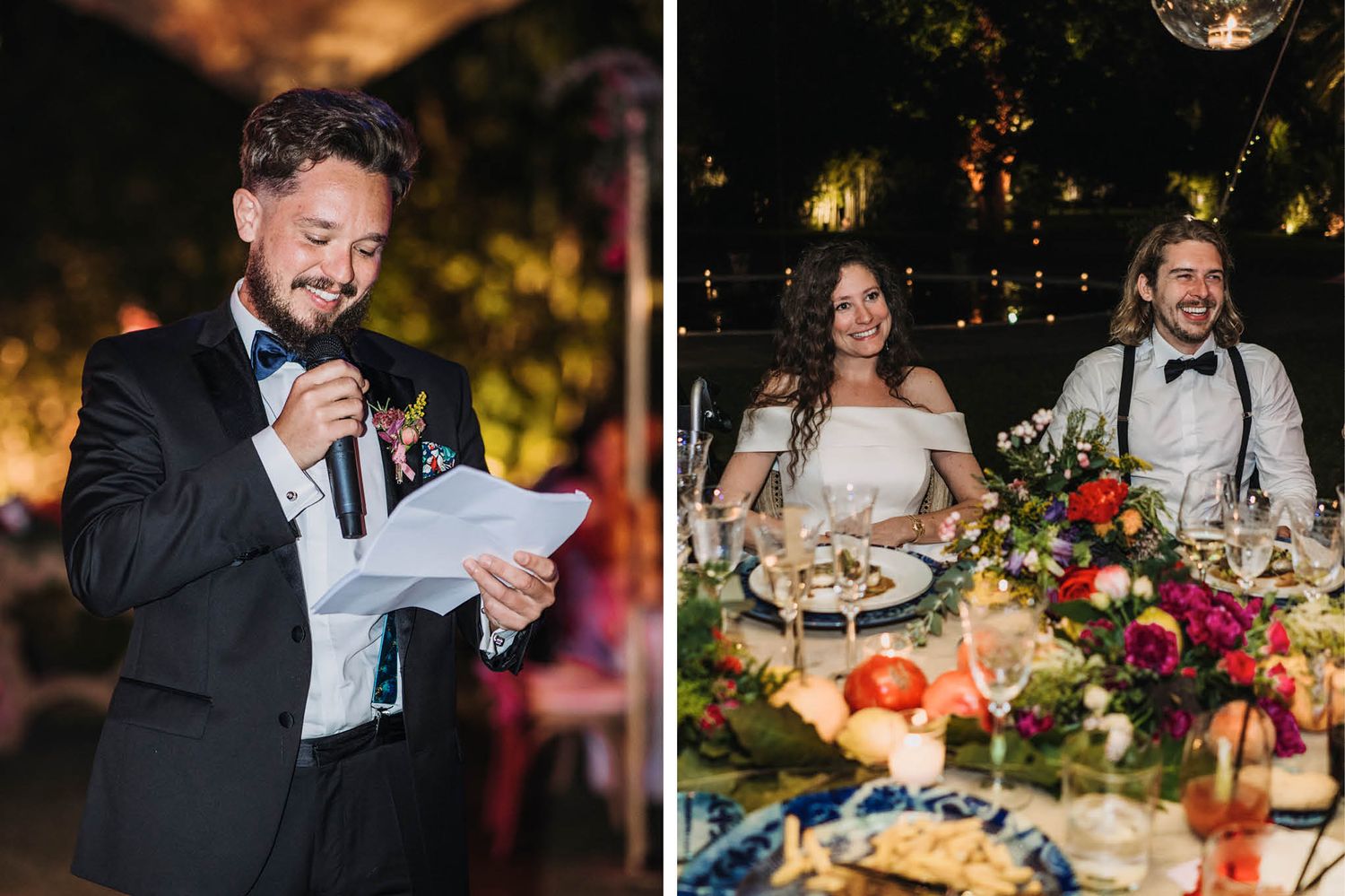 Split image of reception speeches and dining table decorated with colorful floral centerpieces.