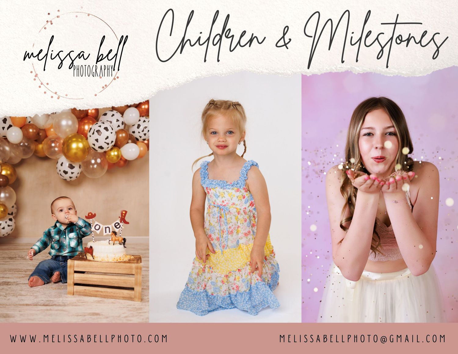 Marketing banner for children and milestone photography services with sample photos.