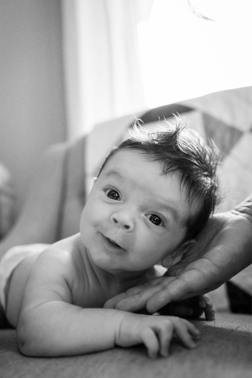 Black and white portrait of a baby lying down with spiky hair and wide-eyed expression while being supported by hands.