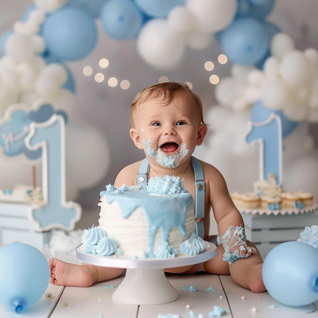 A blue and white first birthday setup with balloon arch and cake smash scene.