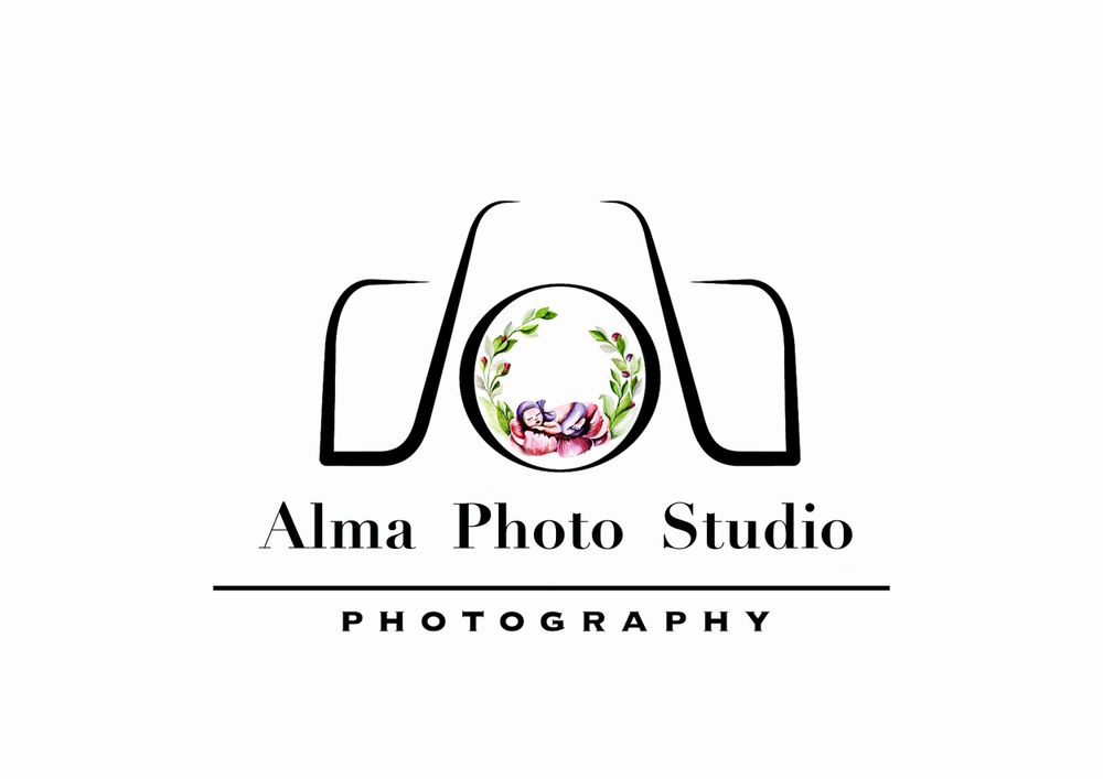 Clean minimalist photography logo design featuring a camera icon with green and pink floral elements.