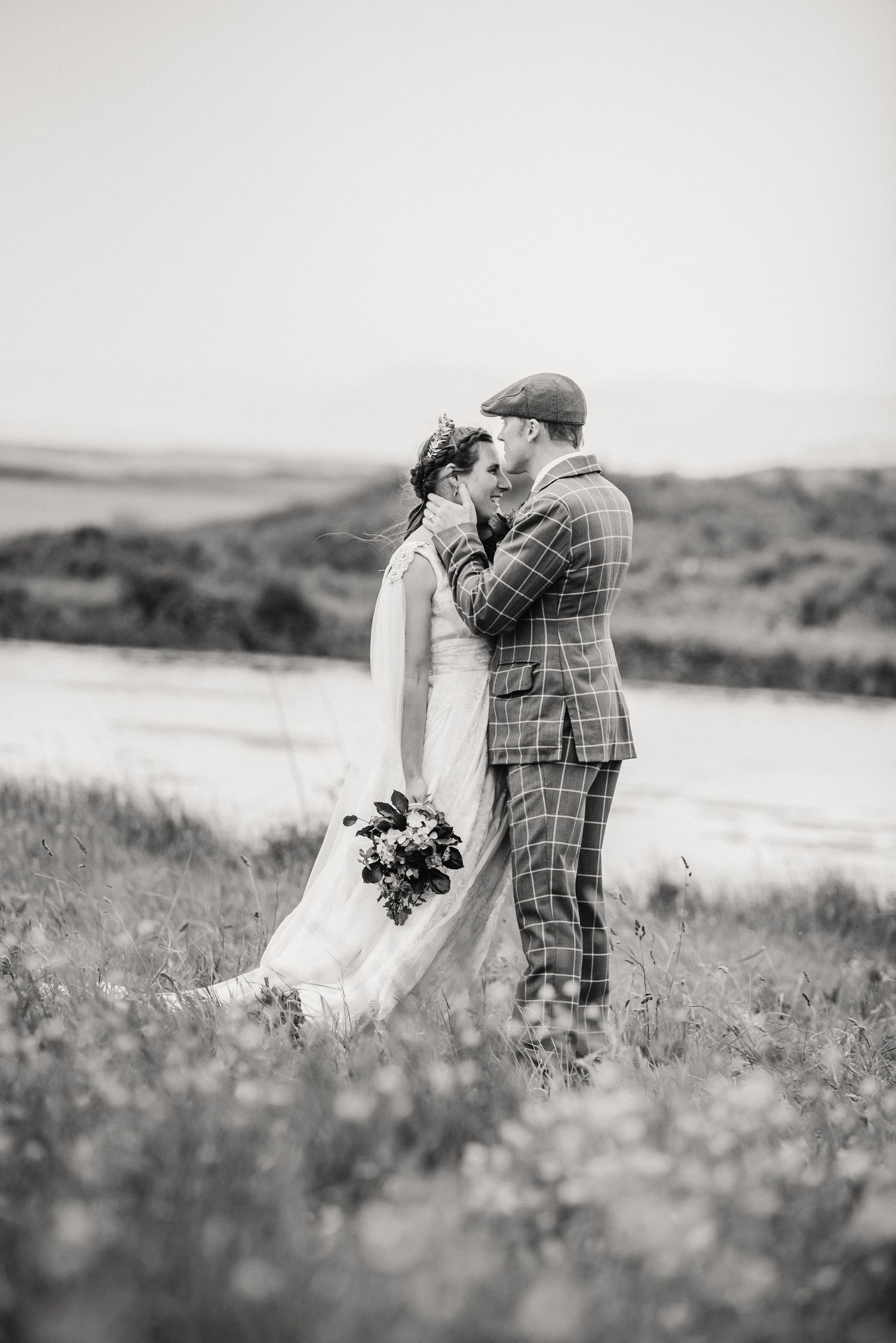 Bride and Groom at wedding at West Bexington  near Chesil Beach, Bridport, Abbotsbury Dorset. Bridport wedding photographer