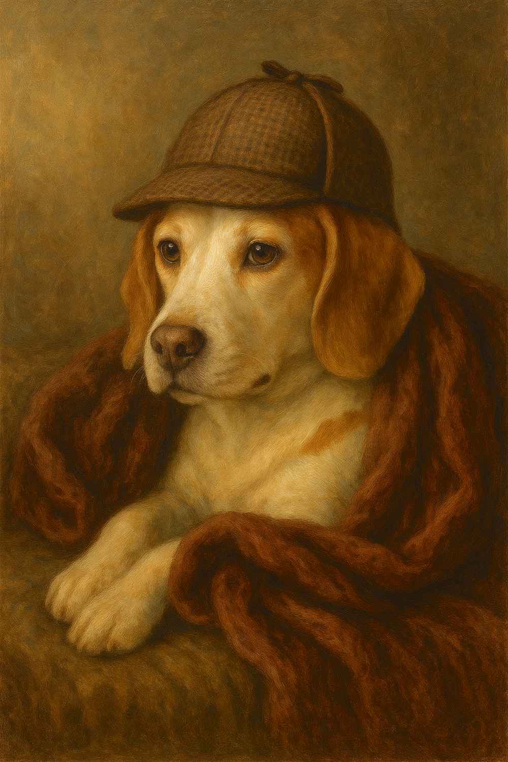 A lemon beagle always had his nose to the ground and loved to burrow in a blanket.  His pet portrait depicts him as Sherlock Holmes.